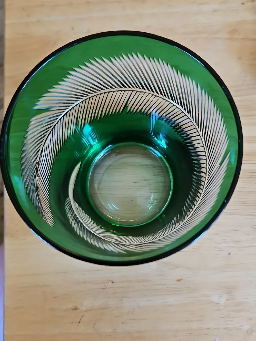 Vintage Green Etched Glass Leaf Feather  Tumbler